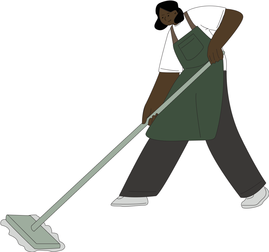 Polly Housekeeping professional in white shirt and signature green apron meticulously mopping client's floors.