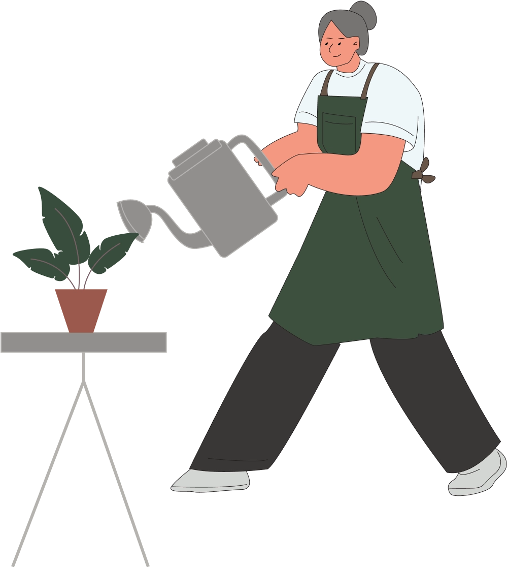 Polly Housekeeping professional in white shirt and signature green apron carefully watering and tending to houseplants in a client's home