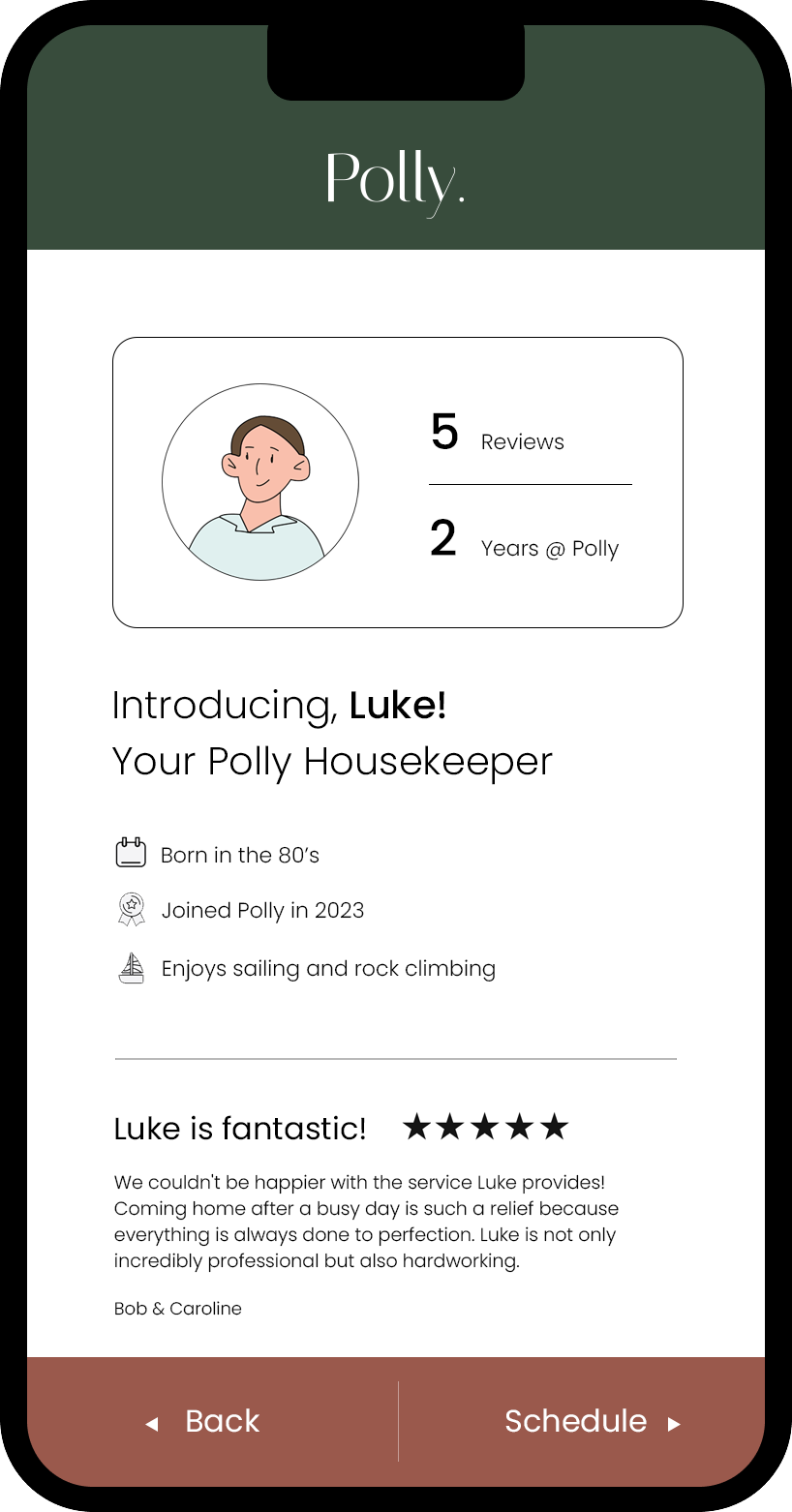 Polly Housekeeping web app profile of Luke, head housekeeper for East London, showing professional headshot and service details