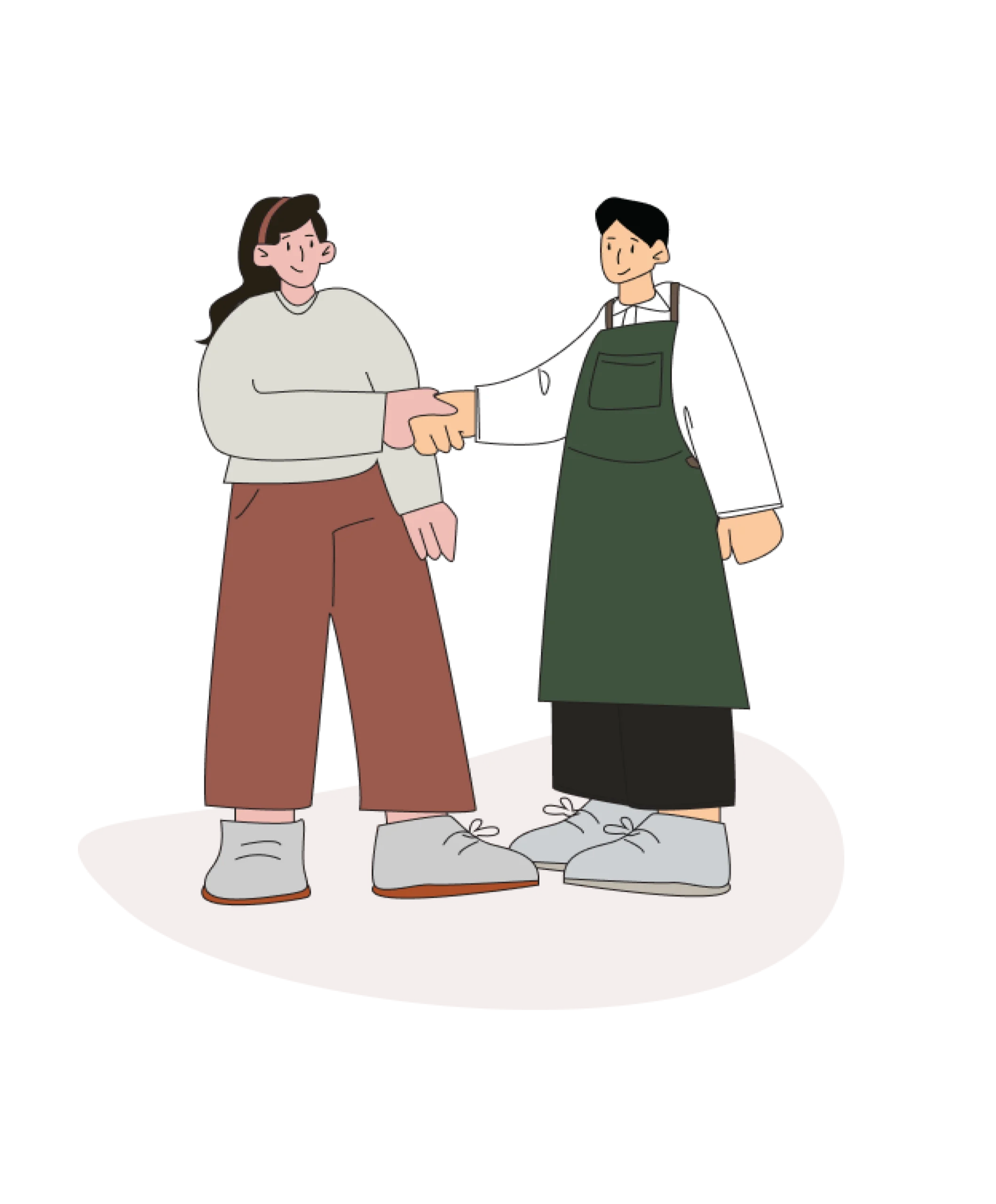 Professional Polly Housekeeping staff member in crisp white shirt, dark trousers, and distinctive green apron, warmly greeting client with a handshake, representing professional cleaning service in London